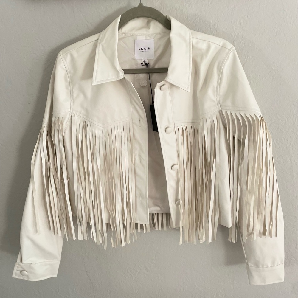 White faux leather fringe crop jacket